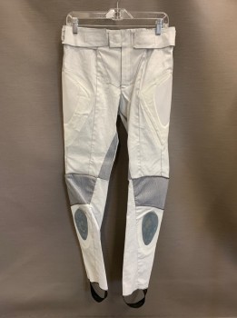 MTO, White, Gray, Synthetic, Color Blocking, Stripes - Static , Adj VelcroTabs At Sides And Front Waistband, 2 Pckts, Stirrup Style, Zip Fly, White Padding On Sides Of Hips, Gray Netting On Silver/Blue Iridescent Patch On Shins *White Paint Is Cracking*