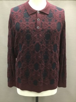 Mens, Pullover Sweater, PRESTIGE, Red Burgundy, Black, Nylon, Polyester, Floral, 3XL, Double Knit Brocade, L/S, Polo, 3 Bttns, Solid Burgundy Ribbed Knit Collar/Cuff/Waistband/Placket