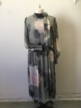 HANAE MORI, Gray, Black, Lt Pink, Polyester, Floral, Sheer Chiffon, Layer of Solid Silk Gray Slip, Gather Inset L/S, with Silver Silk Extended Cuff, CB Button Loop, Gathered Elastic Waist, Self Scarf, *Brown Stain on Right Sleeve and Cuff, White Stain on Front Skirt*