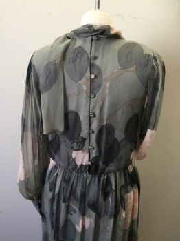 HANAE MORI, Gray, Black, Lt Pink, Polyester, Floral, Sheer Chiffon, Layer of Solid Silk Gray Slip, Gather Inset L/S, with Silver Silk Extended Cuff, CB Button Loop, Gathered Elastic Waist, Self Scarf, *Brown Stain on Right Sleeve and Cuff, White Stain on Front Skirt*