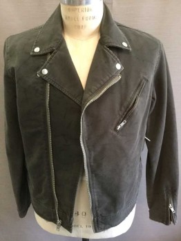 Mens, Casual Jacket, URBAN OUTFITTERS, Olive Green, Gray, Cotton, Solid, S, Olive Twill, Zip Front with Notch Collar, Moto Jacket Styled, Silver Circular Studs On Collar, 3 Zip Pockets & Zippers At Cuffs, Faint Gray Streaks All Over, Black Quilted Lining