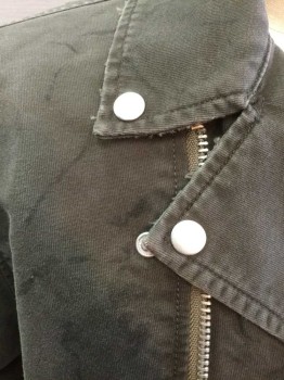 Mens, Casual Jacket, URBAN OUTFITTERS, Olive Green, Gray, Cotton, Solid, S, Olive Twill, Zip Front with Notch Collar, Moto Jacket Styled, Silver Circular Studs On Collar, 3 Zip Pockets & Zippers At Cuffs, Faint Gray Streaks All Over, Black Quilted Lining