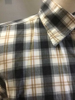 MASONS, Gray, Cream, Brown, Cotton, Plaid, Button Front, Collar Attached, Long Sleeves, 1 Pocket,