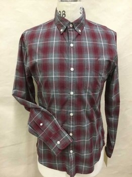 BONOBOS, Gray, Red Burgundy, White, Cotton, Plaid, Gray,burgundy,white  Plaid, Collar Attached, Button Down, Button Front, 1 Pocket, Long Sleeves, See Photo Attached,
