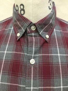 BONOBOS, Gray, Red Burgundy, White, Cotton, Plaid, Gray,burgundy,white  Plaid, Collar Attached, Button Down, Button Front, 1 Pocket, Long Sleeves, See Photo Attached,
