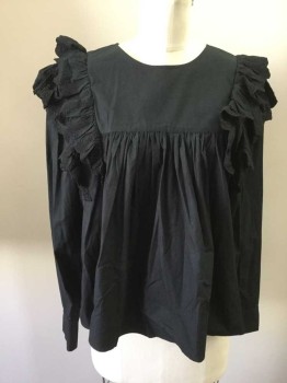 ISABEL MARANT, Black, Cotton, Solid, Gathered at Yoke, Lace Double Ruffle Shoulder, Keyhole Button Loop Center Back, Long Sleeves, Button Cuff