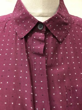 Halogen, Plum Purple, Gray, Black, Cotton, Silk, Geometric, Tiny Gray & Black Triangle Print, Button Front, Collar Attached,  Long Sleeves, 1 Pocket, 5