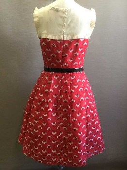 Womens, Dress, Sleeveless, ORLA KIELY, Red, Cream, Black, Polyester, Silk, Floral, Solid, 2, Red with Charming Cream and Black Flower Bouquets Pattern, Sleeveless, Sweetheart Bust Seam with Sheer Cream Chiffon Panel at Chest/Shoulders, Scoop Neck, Cream Chiffon Pleated Ruffle Edge at Armholes and Bust Seam, Full Skirt with Pleats at Waist, Several Underlayers of Taffeta for Full Volume, 4 Clear Plastic Multifaceted Buttons at Center Back Shoulders, **2 Pieces - with Black Patent 1" Wide Belt with Self 3D Bow Detail at Center Front