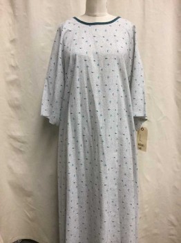 Unisex, Patient Gown, FASHION SEAL, White, Gray, Teal Blue, Teal Green, Navy Blue, Cotton, Novelty Pattern, L, White, Gray Mottled Print with Navy/ Teal Green Novelty Print, Teal Blue Trim, Short Sleeve,