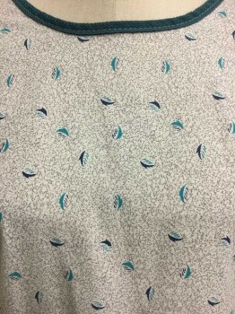 FASHION SEAL, White, Gray, Teal Blue, Teal Green, Navy Blue, Cotton, Novelty Pattern, White, Gray Mottled Print with Navy/ Teal Green Novelty Print, Teal Blue Trim, Short Sleeve,