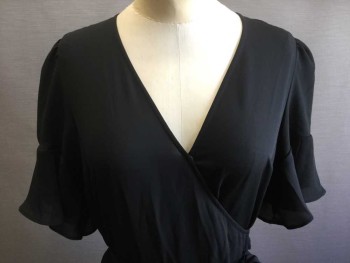 WHO WHAT WEAR, Black, Polyester, Solid, Black, Overlap V-neck with 1 Snap Front, Wrap-around W/self Tie Waist, Short Sleeves W/4" Ruffle Trim & 8" Ruffle Hem,