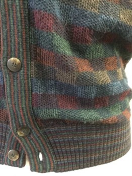 FLORENCE, Red Burgundy, Forest Green, Burnt Orange, Brown, Black, Acrylic, Wool, Color Blocking, Button Front, Multi-color Square Knit, Stripe Edges, Cardigan Style