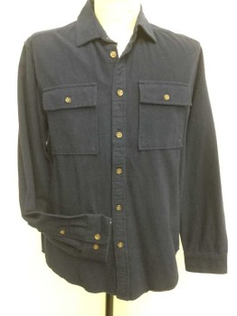 GOOD FELLOW, Navy Blue, Cotton, Solid, Button Front, Collar Attached, Long Sleeves, Flannel, 2 Square Flap Pocket,