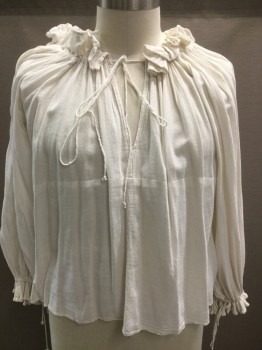 Mens, Historical Fiction Shirt, MTO, Off White, Cotton, Large, Made To Order, Long Sleeves, Ties at Neck with Drawstring, Cuffs Have Drawstring, Heavy Cheese Cloth, Seam Across Chest, Small Hole to Be Mended in Left Side
