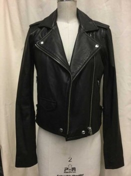 Womens, Leather Jacket, IRO, Black, Leather, Solid, 34, Black, Notched Lapel, Zip Front,  Zip Pockets, Epaulets