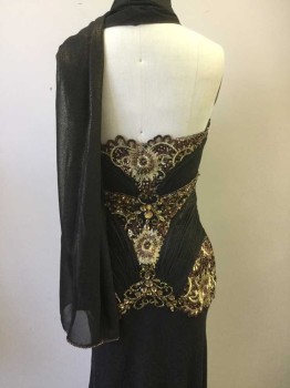 Womens, Evening Gown, ROYAL QUEEN, Black, Gold, Copper Metallic, Synthetic, Sequins, Solid, Floral, 4, Strapless, Zip Side, Floral Appliqué in Gold/Copper Thread with Copper Sequins on Bust, Center Front, and Hips, Beaded Stripes Under Bust, Beaded Waist/Center Front, Black Fabric with Gold Sparkle Flecks, Horizontal Pleated Panels Under Bust, Curved Pleated Hip Panels, Accordion Pleated  Center Front 2 Draped Panels, Separate Gold Flecked Scarf with Copper Beaded Hem