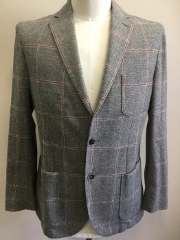 Mens, Sportcoat/Blazer, L.B.M. 1911, Lt Gray, Red, Black, Wool, Glen Plaid, 42 R, Single Breasted, 2 Buttons,  3 Patch Pockets, Notched Lapel, Flannel