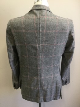 Mens, Sportcoat/Blazer, L.B.M. 1911, Lt Gray, Red, Black, Wool, Glen Plaid, 42 R, Single Breasted, 2 Buttons,  3 Patch Pockets, Notched Lapel, Flannel