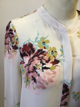 JOIE, Champagne, Blue, Acid Green, Blush Pink, Red Burgundy, Silk, Floral, Long Sleeves, Button Front, Band Collar,