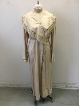Beige, Poly/Cotton, Solid, Better Summer Day Dress. Double Breasted, Fringed Shawl Collar, Covered Buttons, Long Sleeves, with Lace Trimmed Cuffs. Lace Collar Band and Dickie. Water Stain at Front,