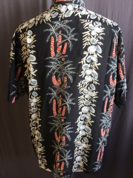 Mens, Hawaiian Shirt, AVANTI, Black, Cream, Gray, Red, Beige, Silk, Hawaiian Print, 2XL, Collar Attached, Button Front, 1 Pocket, Short Sleeves,