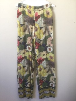 Womens, Pants, ZARA, Multi-color, Green, Yellow, Dk Red, Navy Blue, Viscose, Floral, M, Illustrated Floral Pattern Crepe, High Waist Palazzo Pants, Elastic Waist in Back, 2 Side Pockets, Stripes at Leg Openings