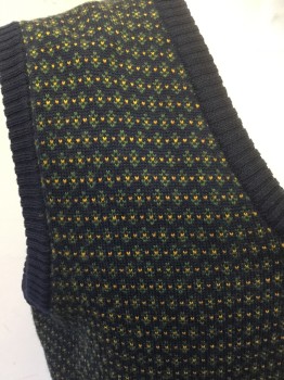 BROOKS BROTHERS, Navy Blue, Olive Green, Goldenrod Yellow, Wool, Fair Isle, Pullover, V-neck, Rib Knit Neck/ Arm Holes/ Waist