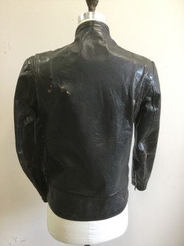 Mens, Leather Jacket, BRITISH CYCLE LEATHE, Black, Leather, Solid, 38, Motorcycle Jacket, Zip Front, 4 Zip Front, Rounded Sleeves, Snap Tab Collar, Zip Sleeves, Aged, Mint Lining