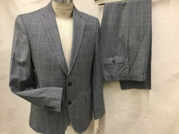Mens, Suit, Jacket, TED BAKER, Gray, Aubergine Purple, Wool, Plaid, 38R, Single Breasted, 2 Buttons,  Notched Lapel, 3 Pockets, Very Nice, Plaids Line Up