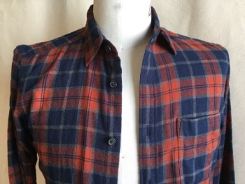 UNIQLO, Navy Blue, Orange, Rust Orange, Heather Gray, Cotton, Plaid, Collar Attached, Button Front, 1 Pocket, Long Sleeves,