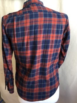 UNIQLO, Navy Blue, Orange, Rust Orange, Heather Gray, Cotton, Plaid, Collar Attached, Button Front, 1 Pocket, Long Sleeves,