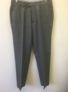 TOMMY HILFIGER, Gray, Wool, Solid, Flat Front, Button Tab Waist, Zip Fly, 5 Pockets Including 1 Watch Pocket