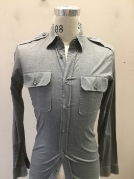 NL, Heather Gray, Cotton, Solid, Button Front, Long Sleeves, Pocket Flaps, Epaulets