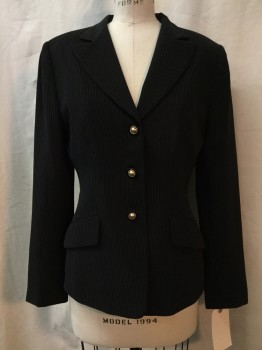 TAHARI, Black, Beige, Polyester, Rayon, Stripes - Pin, Black, Beige Pinstripes, Peaked Lapel, 3 Buttons,  2 Pockets,