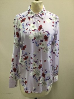 Womens, Blouse, EQUIPMENT, Lavender Purple, Purple, Gray, Wine Red, White, Silk, Floral, XS , Button Front, Collar Attached, Long Sleeves,