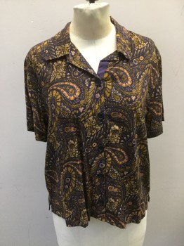 URBAN OUTFITTERS, Purple, Mustard Yellow, Black, Rayon, Paisley/Swirls, Open Collar, Short Sleeves, Button Front,