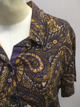 Womens, Blouse, URBAN OUTFITTERS, Purple, Mustard Yellow, Black, Rayon, Paisley/Swirls, Sp, Open Collar, Short Sleeves, Button Front,