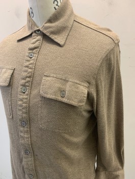BANANA REPUBLIC, Lt Brown, Brown, Cotton, 2 Color Weave, Zig Zagged Weave, Flannel, Long Sleeve Button Front, Collar Attached, 2 Patch Pockets with Button Flap Closures