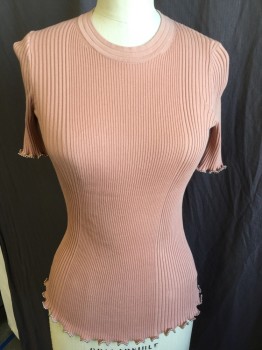Womens, Pullover, ALEXANDER WANG, Blue, Salmon Pink, Cotton, Solid, SP, Faded Salmon,  3 Tiers Crew Neck, Ribbed Knit, Curly Short Sleeves and Hem with Small Metal Ball
