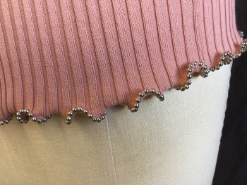 Womens, Pullover, ALEXANDER WANG, Blue, Salmon Pink, Cotton, Solid, SP, Faded Salmon,  3 Tiers Crew Neck, Ribbed Knit, Curly Short Sleeves and Hem with Small Metal Ball
