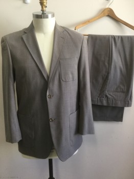 PAUL FREDRICK, Taupe, Wool, Elastane, 2 Color Weave, Single Breasted, 2 Buttons,  3 Box Pleat Patch Pockets, Notched Lapel, 2 Back Vents,  Has a Yellow to Purple Hue, Half Lining, Retro 1940's-1950's, Double See FC046858