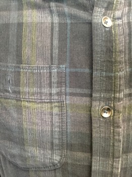 PRANA, Navy Blue, Gray, Yellow, Aqua Blue, Cotton, Plaid, Corduroy, Button Front, Long Sleeves, Collar Attached,