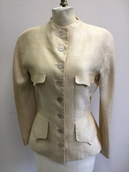 GIVENCHY, Gold, Silk, Cotton, Solid, Button Front, 4 Flap Pockets, Dolman Long Sleeves, Small Blue Dot on Left Sleeve,