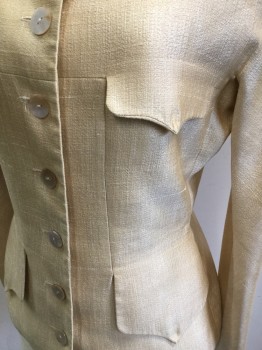 Womens, 1990s Vintage, Suit, Jacket, GIVENCHY, Gold, Silk, Cotton, Solid, W 28, B 34, Button Front, 4 Flap Pockets, Dolman Long Sleeves, Small Blue Dot on Left Sleeve,