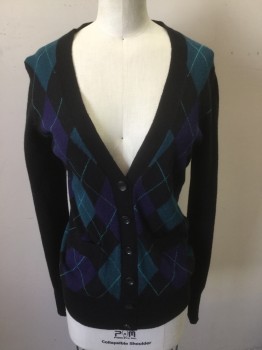 Womens, Sweater, FRENCH CONNECTION, Black, Purple, Teal Blue, Wool, Nylon, Argyle, XS, V-neck, B.F., 2 Pockets, Darts in Back