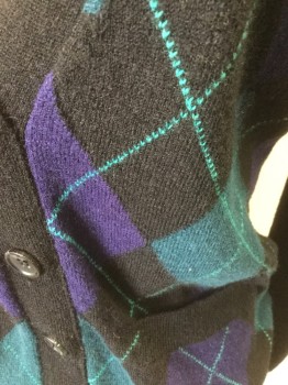 Womens, Sweater, FRENCH CONNECTION, Black, Purple, Teal Blue, Wool, Nylon, Argyle, XS, V-neck, B.F., 2 Pockets, Darts in Back