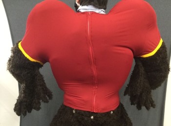 Unisex, Walkabout, MTO, Red, Yellow, Dk Brown, Polyester, Faux Fur, S, EAGLE:  Red Stretch Shirt, Short Sleeves, Yellow Ribbed Knit Cuff, Zip Back, Dark Brown Faux Fur Arm/Wings, Holes for Hands, Snaps at Hem to Attach to Faux Fur Shorts, Double (FC054865)