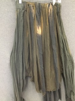 MTO, Faded Black, Forest Green, Brown, Cotton, Faded Stained Black Harem Pants with Gauzy Dark Green Center Panel, Elastic Waist, Forest Green/Black Stained Striped Skirt Panels (Back and Front) Different Lengths, Raw Hem, Holes, Straps Beginning at Knees and Wrapped/Stitched Around Calf