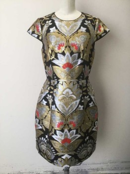Womens, Cocktail Dress, TED BAKER, Black, Gold, Silver, Red, Polyester, Viscose, Floral, B 34, 2, W 28, Floral Metallic Brocade, Cap Sleeve, Round Neck,  Princess Seams, Sheath, Hem Above Knee, Gold Zipper at Center Back