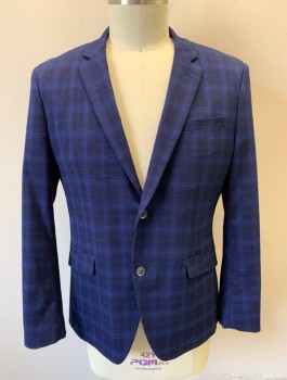 TOPMAN, Navy Blue, Royal Blue, Polyester, Viscose, Plaid-  Windowpane, Single Breasted, Notched Lapel, 2 Buttons, 3 Pockets